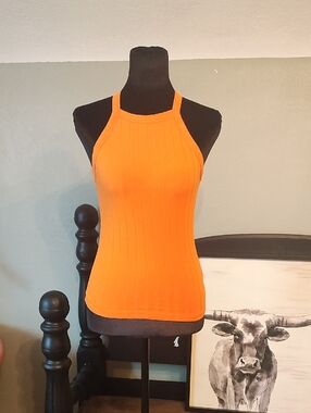 Orange Ribbed Halter Tank Top - Women